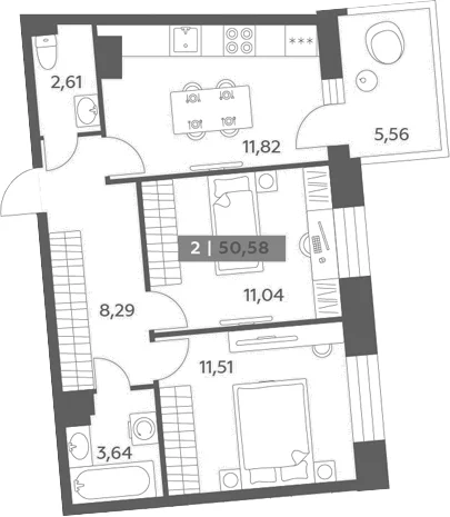 Планировка: 2-комнатная квартира 48,9 м² в ЖК «Аквилон РекаПарк»