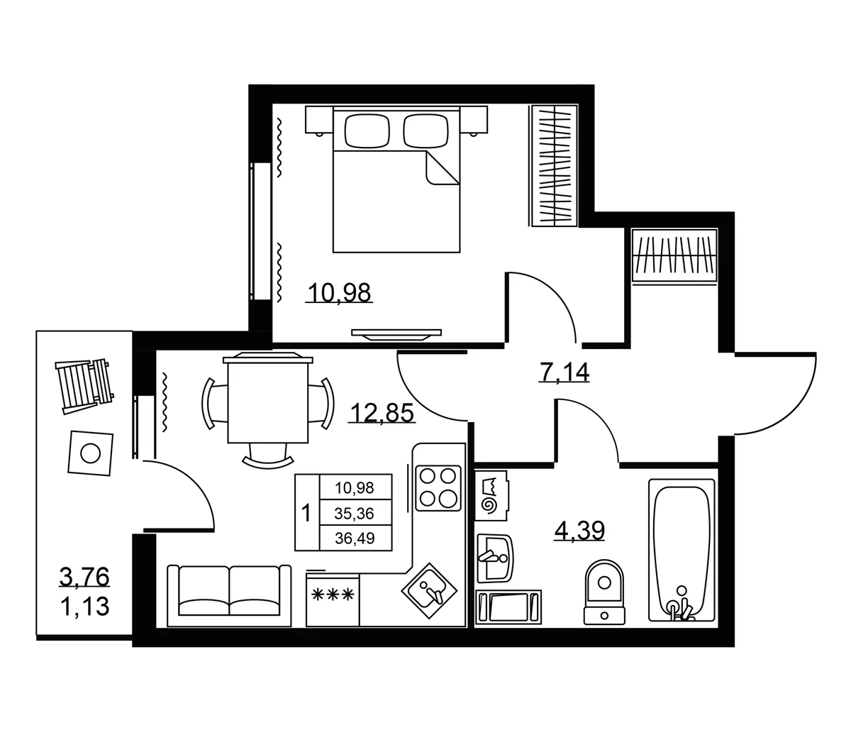 Планировка: 1-комнатная квартира 35,4 м² в ЖК «Пулковское, 34»