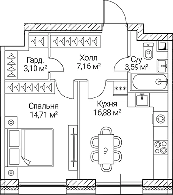 Планировка: 1-комнатная квартира 45,4 м² в ЖК «СЕЗАР СИТИ»