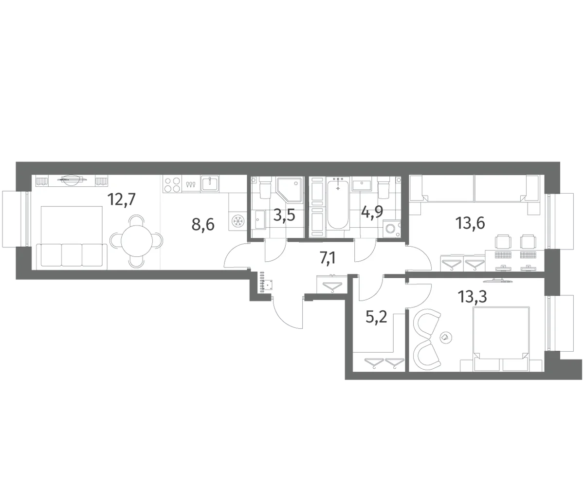 Планировка: Евротрёшка 68,9 м² в ЖК «Парусная 1»