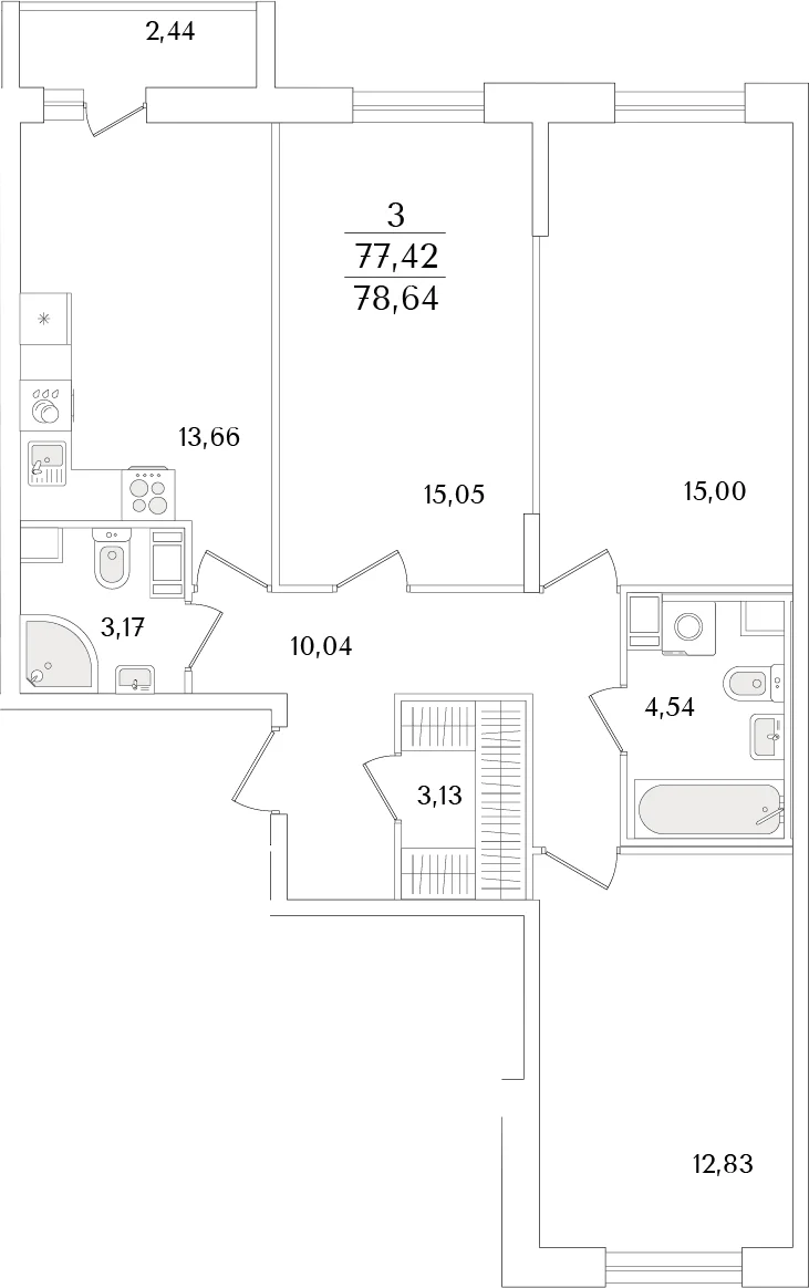 Планировка: 3-комнатная квартира 77,4 м² в ЖК «Кинопарк»