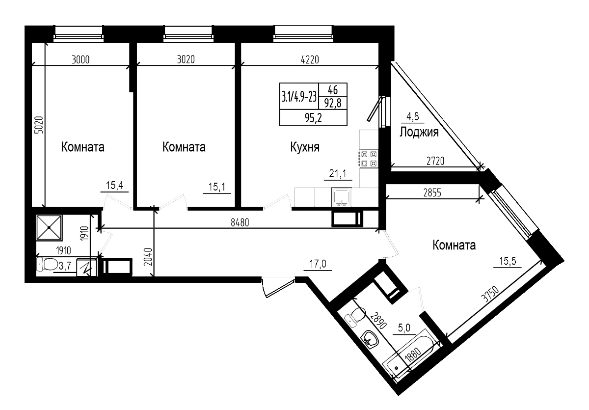 Планировка: Квартира евро-4 92,8 м² в ЖК «Прагма Сити»