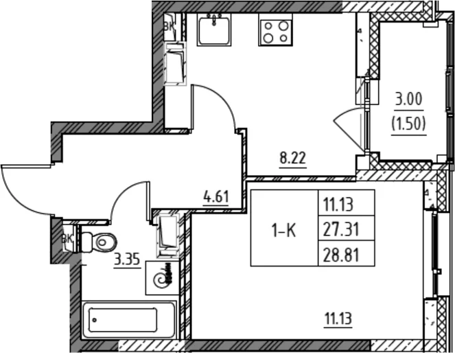 Планировка: 1-комнатная квартира 27,3 м² в ЖК «Город-спутник Южный»