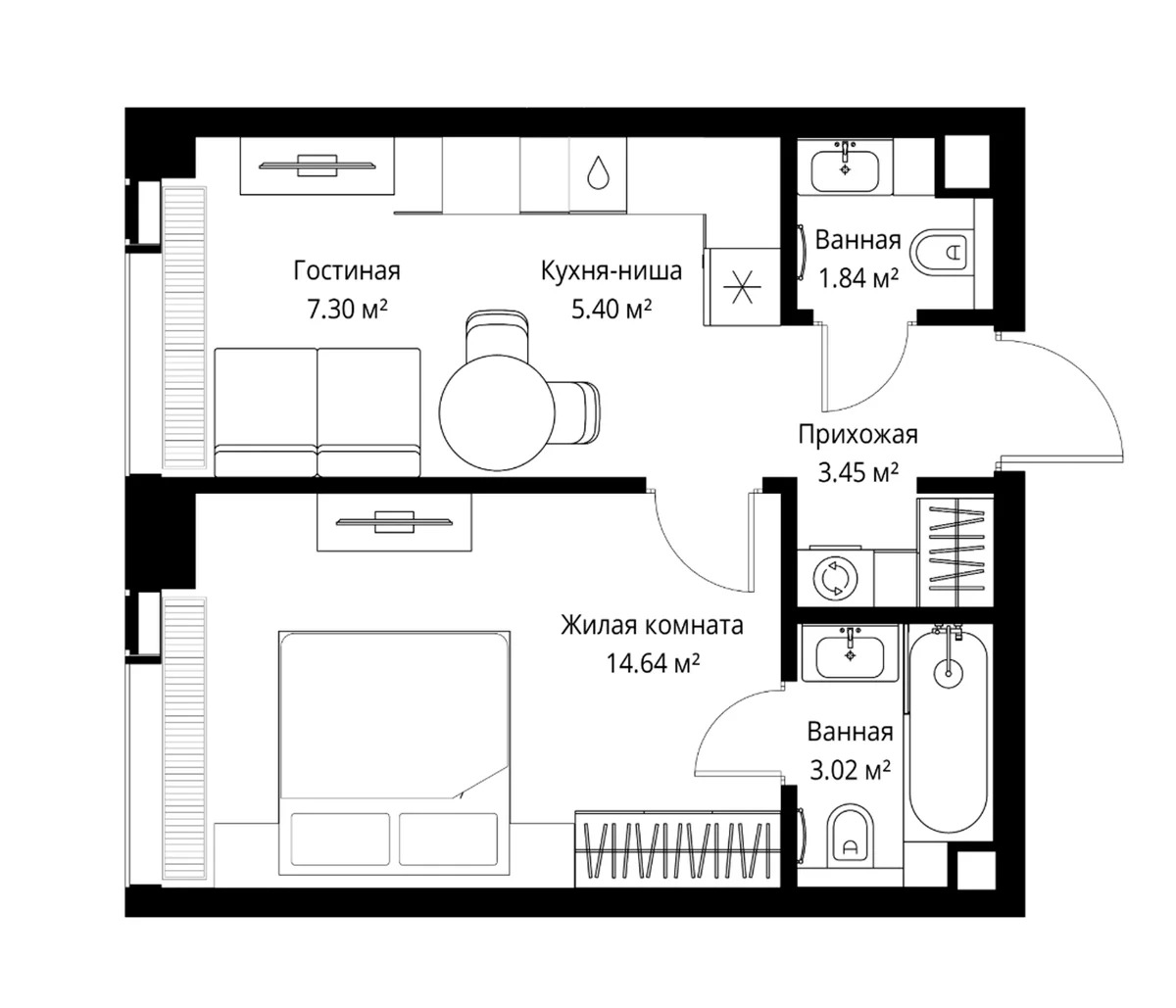Планировка: Евродвушка 35,7 м² в ЖК «Веер»