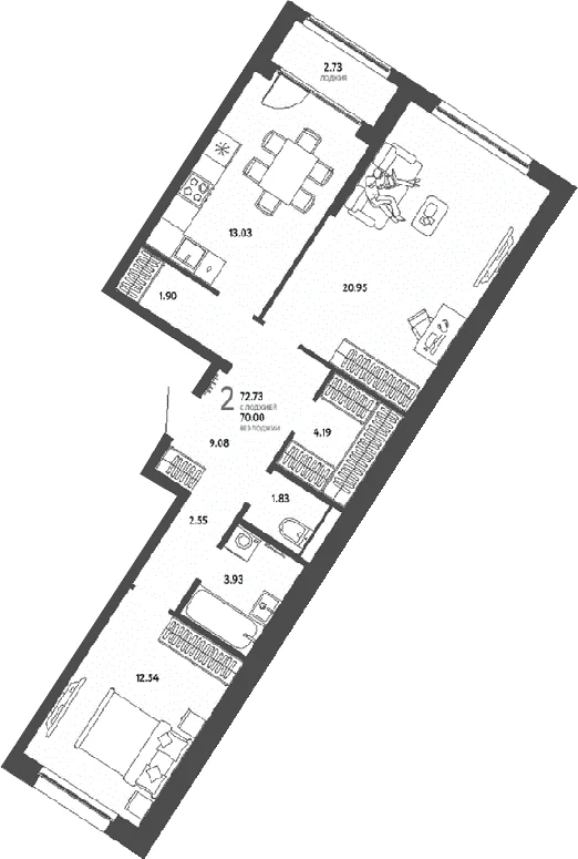 Планировка: 2-комнатная квартира 70 м² в ЖК «Страна.Парковая»