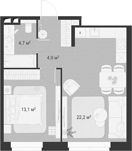 Планировка: Евродвушка 44,9 м² в ЖК «Гранд Комфорт 3»