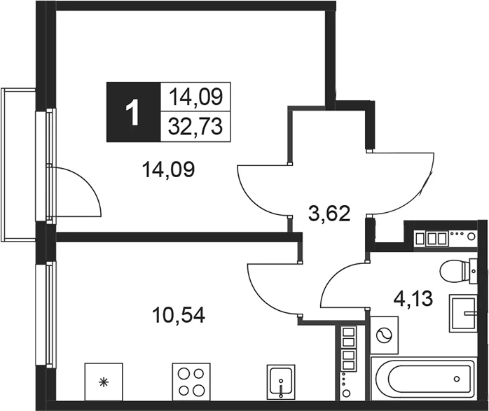 Планировка: 1-комнатная квартира 32,4 м² в ЖК «Слобода»