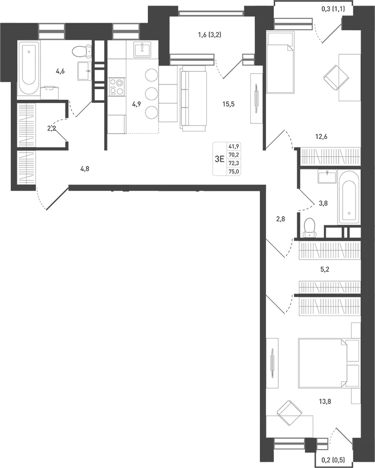 Планировка: Евротрёшка 74,1 м² в ЖК «Новая Щербинка»