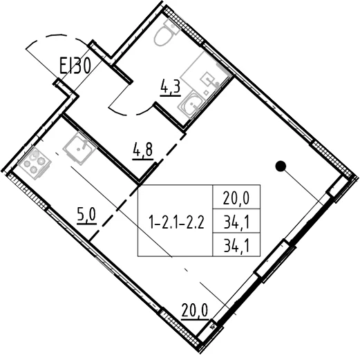 Планировка: 1-комнатная квартира 34,1 м² в ЖК «Ягодное Река Парк»