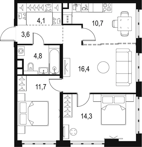 Планировка: Евротрёшка 65,6 м² в ЖК «Левел Южнопортовая»