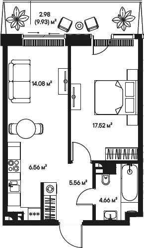 Планировка: Евродвушка 48,4 м² в ЖК «Джойс»