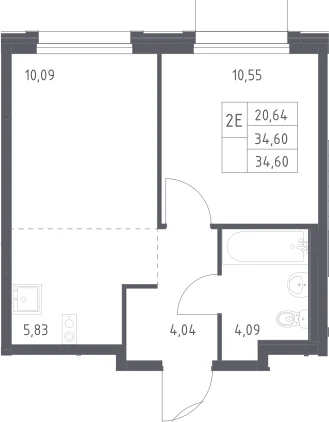 Планировка: Евродвушка 34,6 м² в ЖК «Новое Внуково»