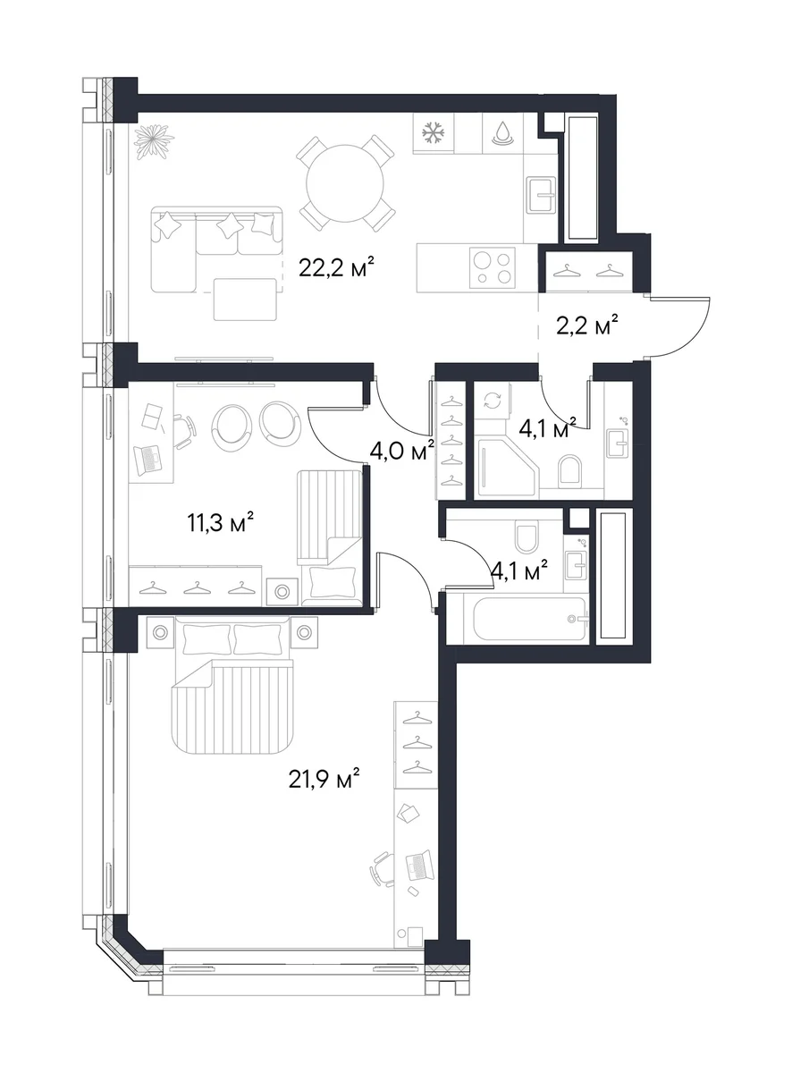 Планировка: 2-комнатная квартира 69,8 м² в ЖК «Первый Нагатинский»