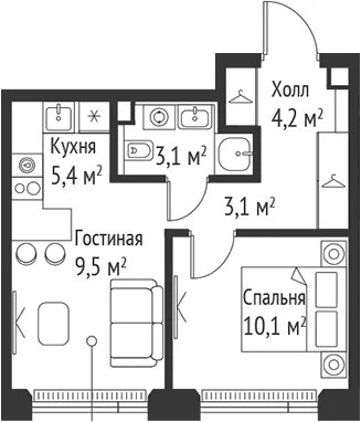 Планировка: Евродвушка 35,3 м² в ЖК «СЕТ»