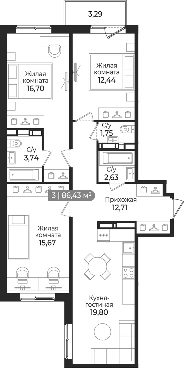 Планировка: Квартира евро-4 85,4 м² в ЖК «Квинта»