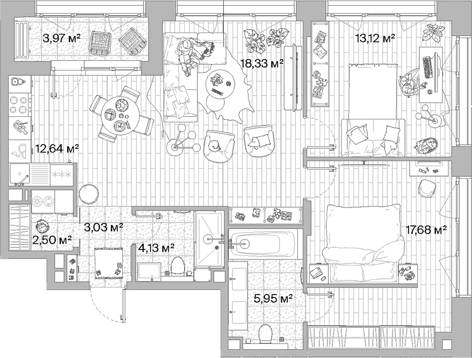Планировка: Евротрёшка 77,4 м² в ЖК «МЫС»