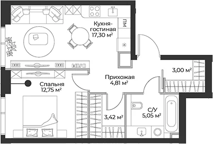 Планировка: Евродвушка 46,3 м² в ЖК «Гранд Фили»