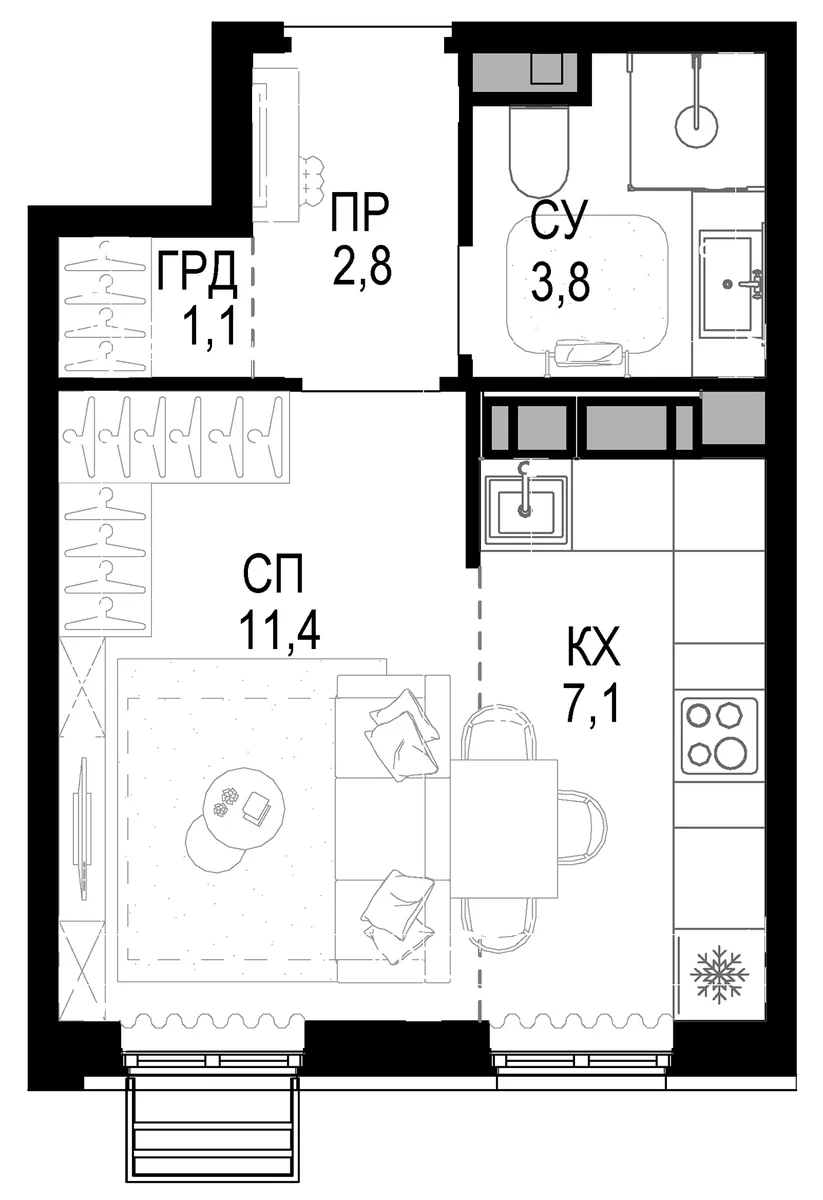 Планировка: Студия 26,2 м² в ЖК «Новая Звезда»
