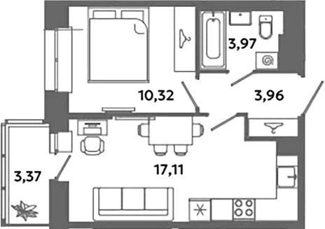 Планировка: Евродвушка 35,4 м² в ЖК «Загляденье»