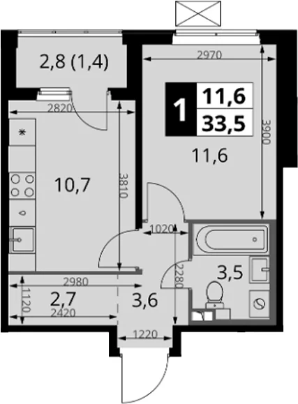 Планировка: 1-комнатная квартира 32,1 м² в ЖК «1-й Южный»