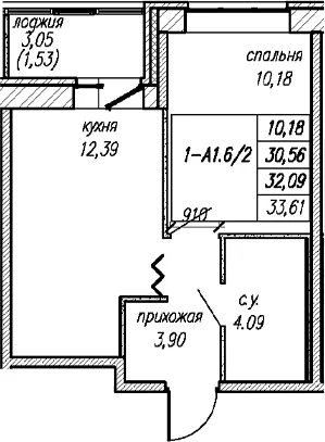 Планировка: 1-комнатная квартира 30,6 м² в ЖК «Уютный Новоселье»