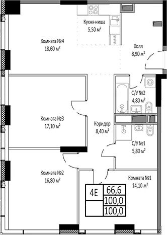 Планировка: Квартира евро-4 100 м² в ЖК «Мираполис»