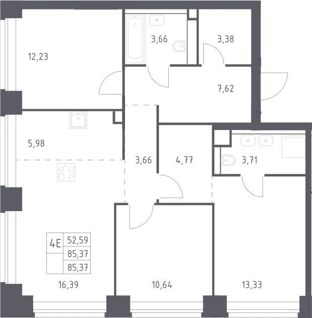 Планировка: Квартира евро-4 85,4 м² в ЖК «НОВА»