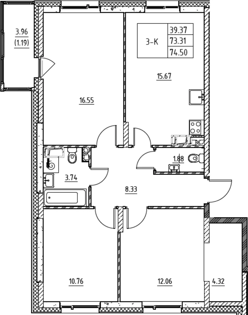 Планировка: 3-комнатная квартира 73,3 м² в ЖК «Город-спутник Южный»