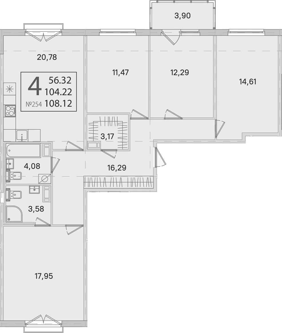 Планировка: 4-комнатная квартира 104,2 м² в ЖК «Любоград в Стрельне»