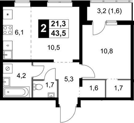 Планировка: Евродвушка 41,9 м² в ЖК «1-й Ясеневский»