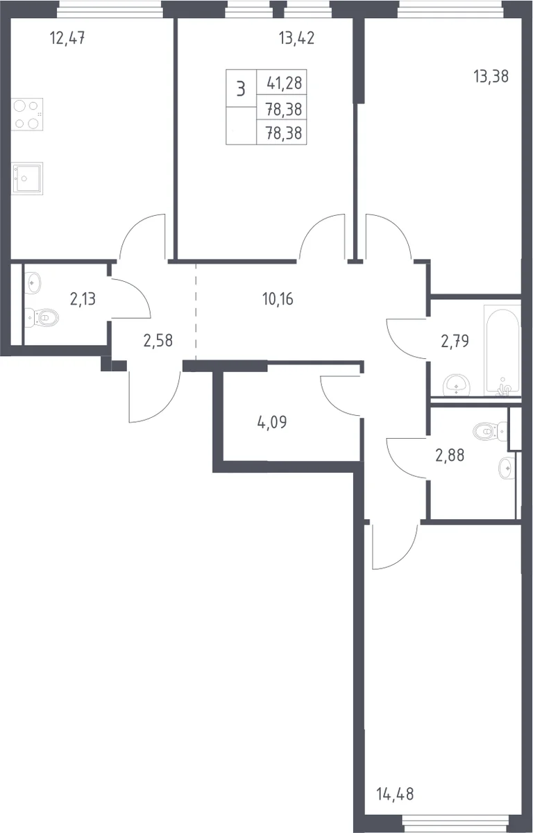 Планировка: 3-комнатная квартира 78,4 м² в ЖК «Пригород Лесное»