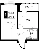 Планировка: 1-комнатная квартира 32,5 м² в ЖК «1-й Донской»