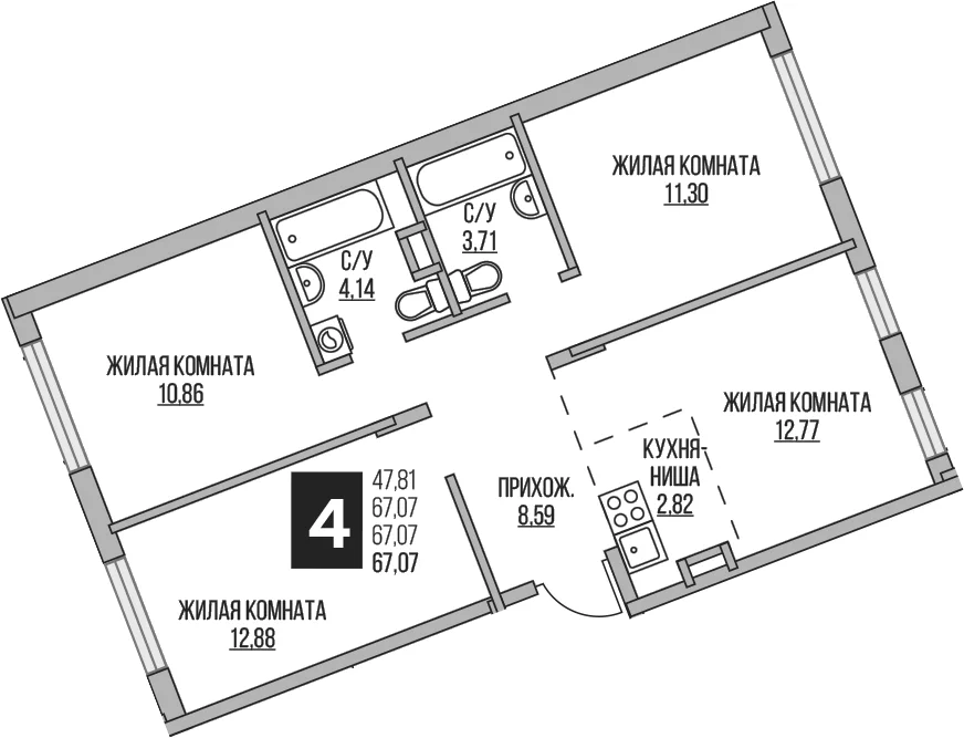 Планировка: Квартира евро-4 67,1 м² в ЖК «Гранель Аникеевский»