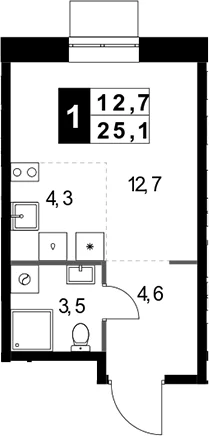 Планировка: Студия 25,1 м² в ЖК «1-й Измайловский»