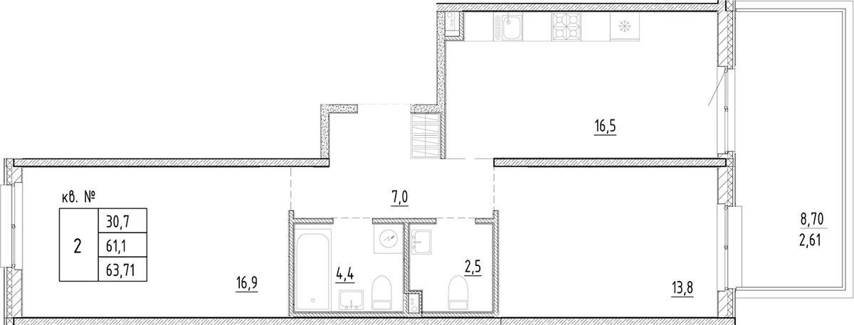 Планировка: Евротрёшка 61,1 м² в ЖК «Плюс Пулковский»