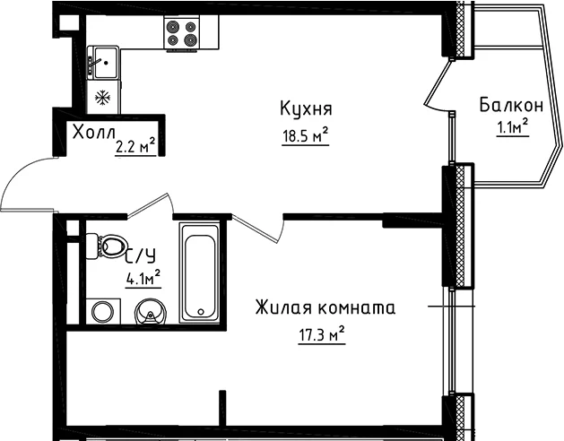 Планировка: 1-комнатная квартира 42,1 м² в ЖК «Коллекция»