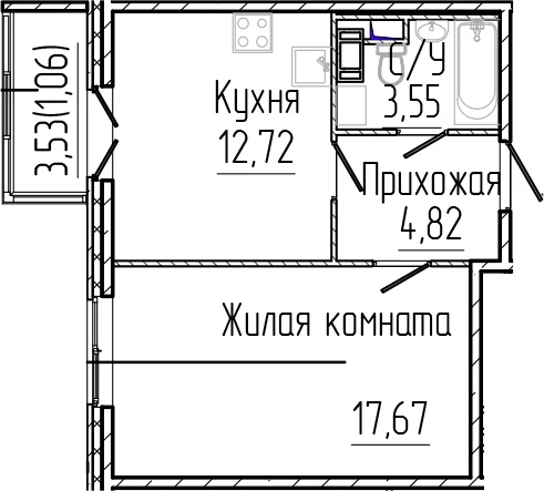 Планировка: 1-комнатная квартира 38,8 м² в ЖК «Сертолово Парк»