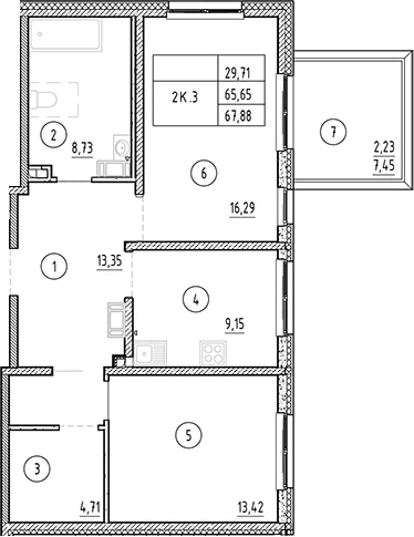 Планировка: 2-комнатная квартира 65,7 м² в ЖК «Плюс Пулковский»