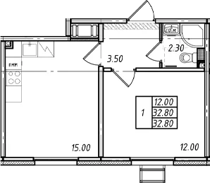 Планировка: 1-комнатная квартира 32,8 м² в ЖК «Ржевский парк»