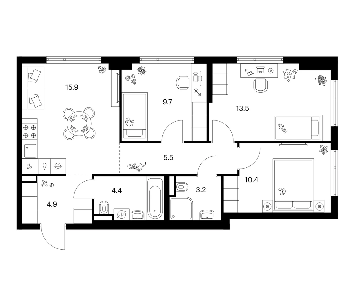 Планировка: 3-комнатная квартира 67,5 м² в ЖК «Белая Дача парк»