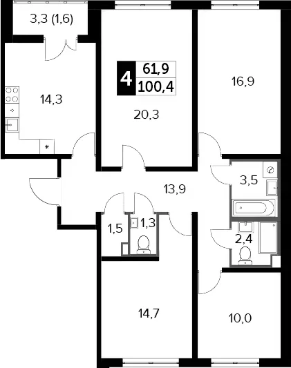 Планировка: 4-комнатная квартира 98,8 м² в ЖК «Южная Битца»