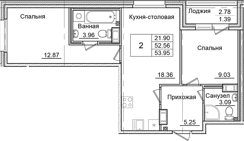 Планировка: 2-комнатная квартира 52,6 м² в ЖК «Квартал Заречье»