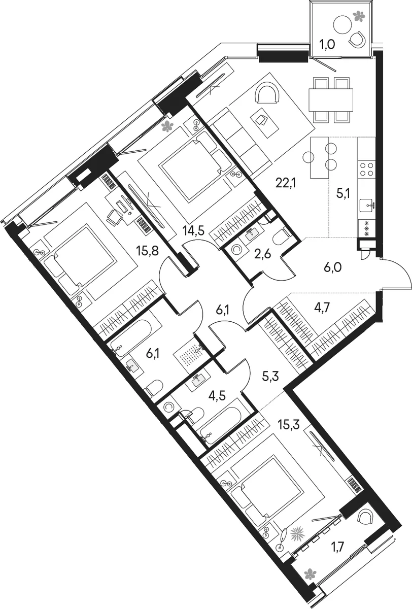 Планировка: Квартира евро-4 108,1 м² в ЖК «Клубный город на реке Примавера»