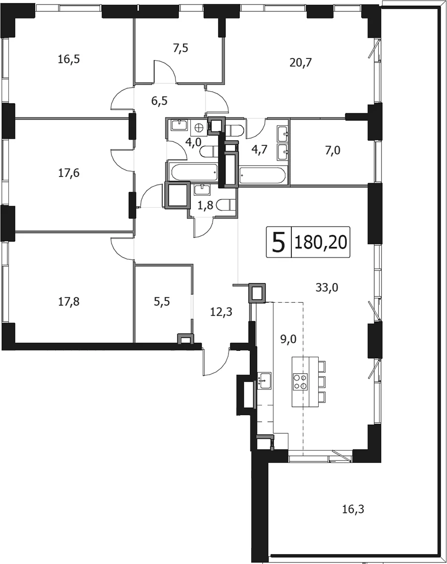 Планировка: Квартира евро-5 163,9 м² в ЖК «Клубный город на реке Примавера»