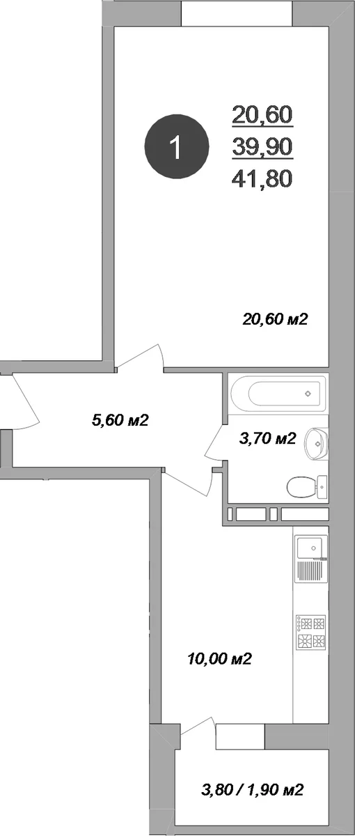 Планировка: 1-комнатная квартира 39,9 м² в ЖК «Новые Островцы»
