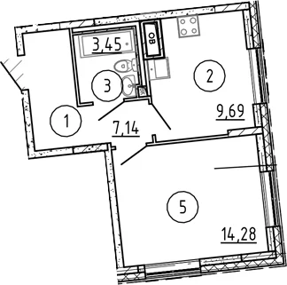 Планировка: 1-комнатная квартира 34,6 м² в ЖК «Квартал Лаголово»