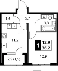 Планировка: 1-комнатная квартира 34,7 м² в ЖК «1-й Ясеневский»