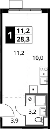 Планировка: Студия 28,3 м² в ЖК «1-й Ясеневский»