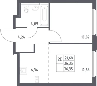 Планировка: Евродвушка 36,4 м² в ЖК «Космический Квартал»