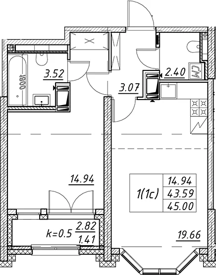 Планировка: Евродвушка 43,6 м² в ЖК «Цивилизация на Неве»